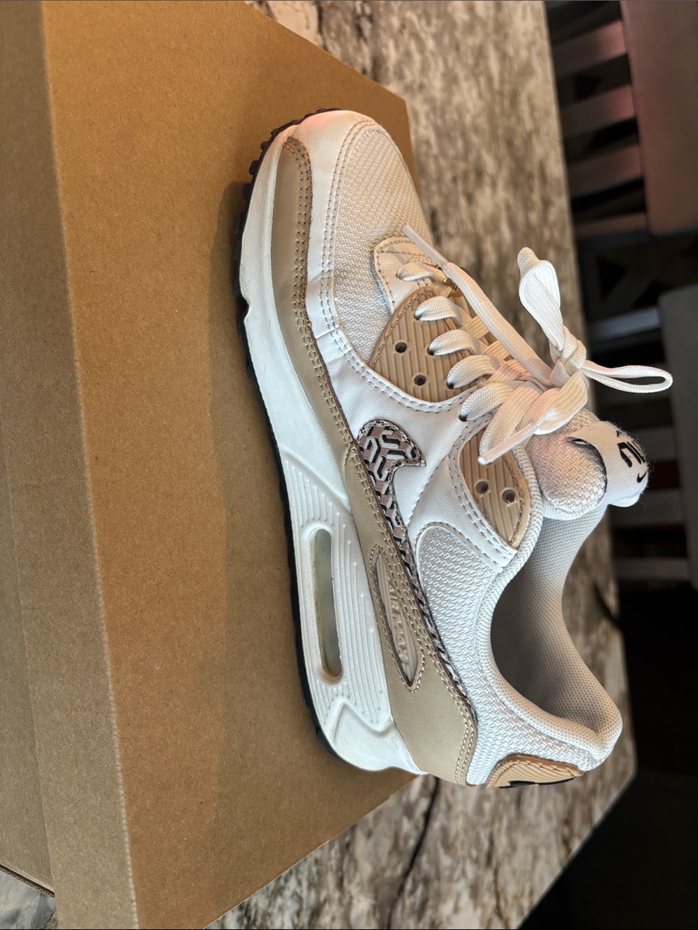Nike Women's White and Tan Sneakers with Patterned Swoosh - Picture 3 of 10